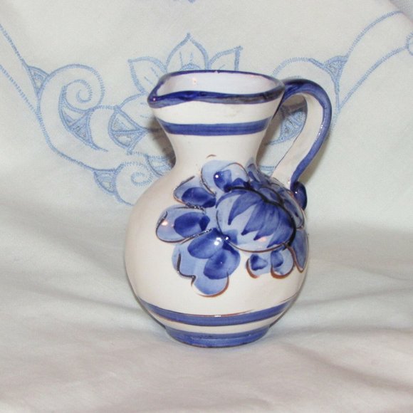 Blue & White Hand Painted Pottery Pitcher Small 4" Floral Decorative Folkart - Picture 2 of 8